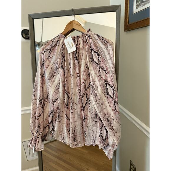 Glam Snake Print Blouse Large Pink Beige Long Sleeve Boho Top - Picture 6 of 6